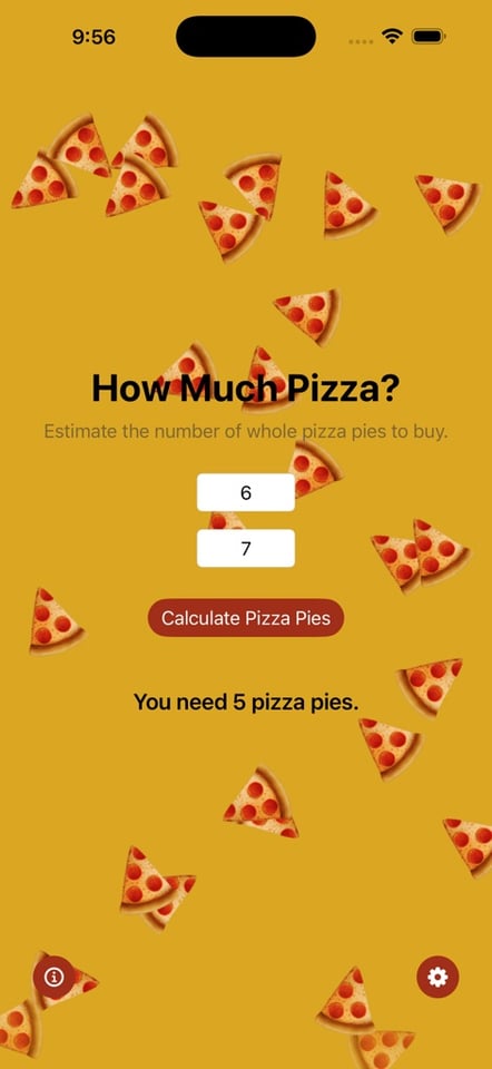 Pizza calculator showing group-size inputs and an estimated number of pies