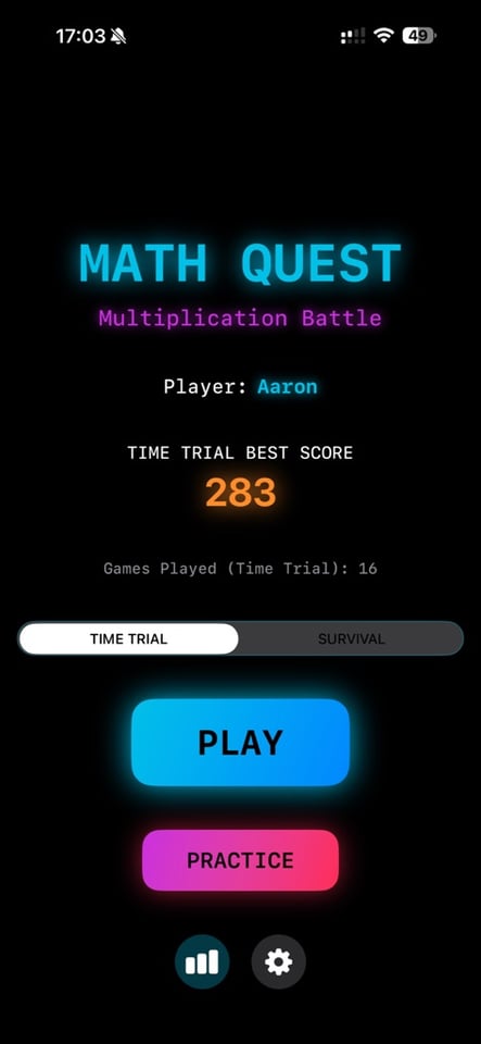 Multiply Battle home screen with Play and Practice buttons